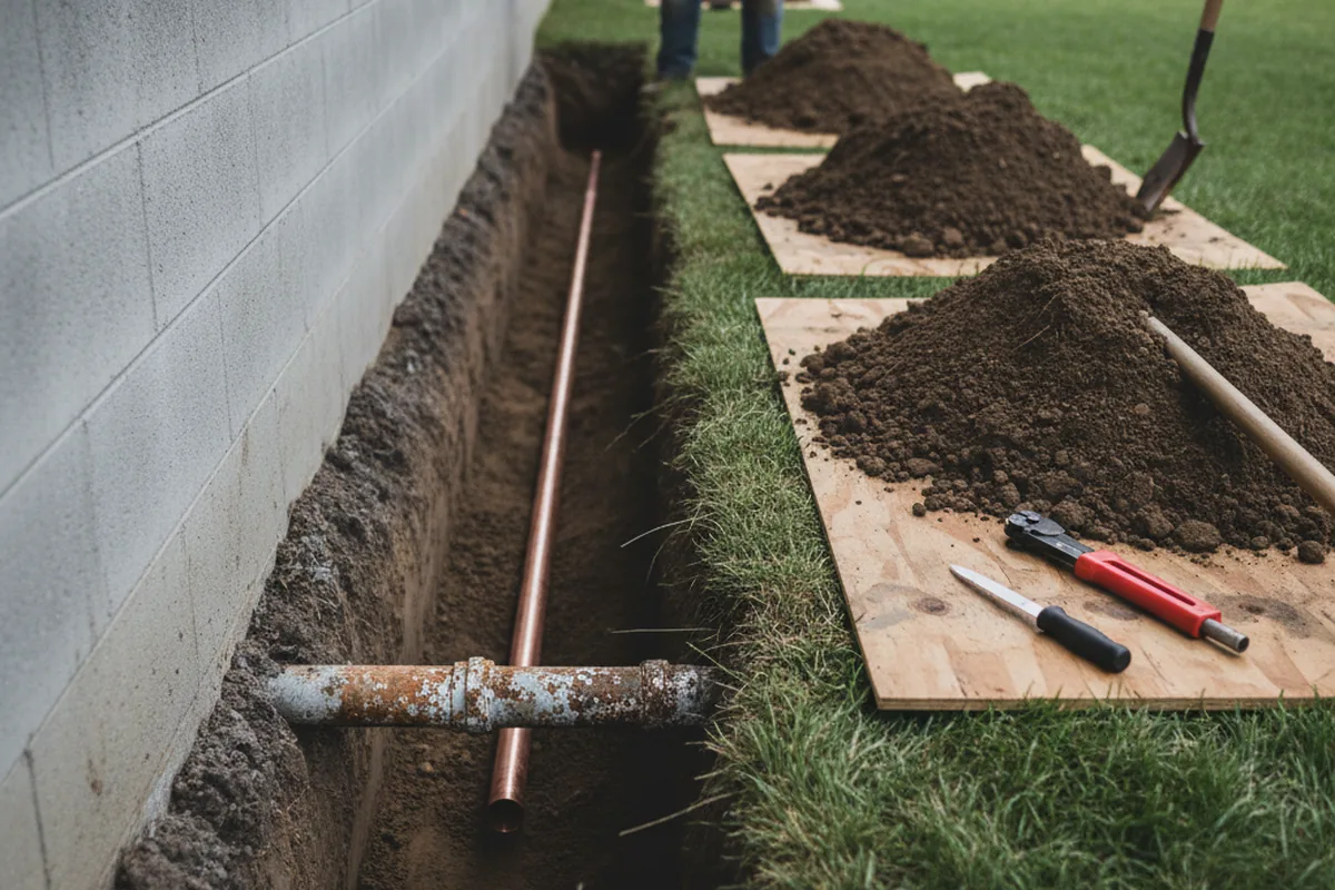 Excavated water line trench during Sewer Line Repair in Caldwell